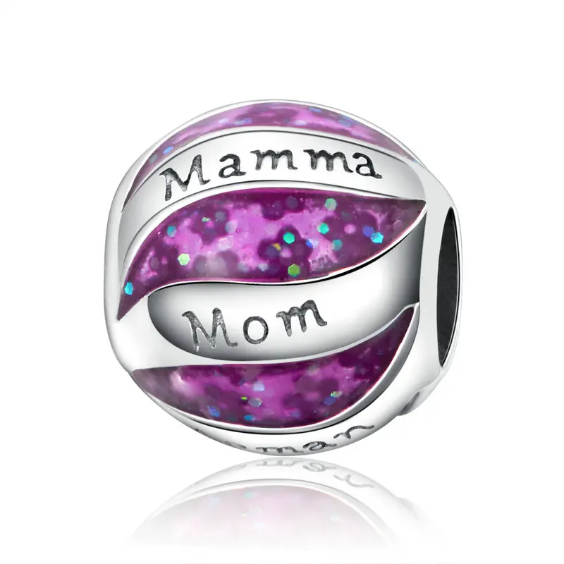 

MOWIMO 925 Sterling Silver Mamma Mom Charm Purple Round Bead Fit Original Pandora Bracelets Pendant Love Mother Gift BKC1041