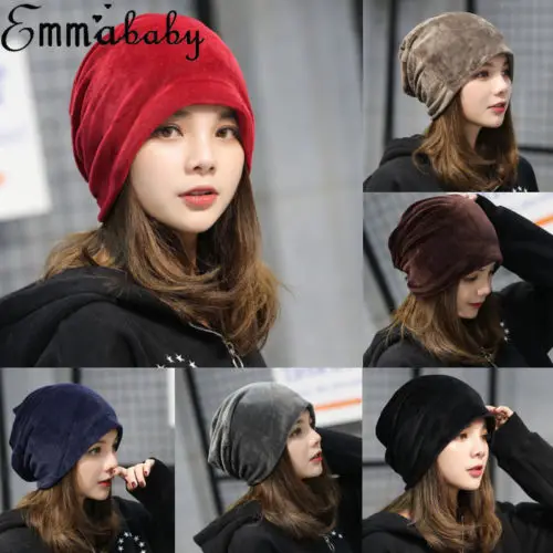 Модная женская бархатная шапочка Повседневная Женская мешковатая шелковая бархатная зимняя шапка с черепом шапка женская мягкая шапка защитные устройства для ушей однотонная шапка