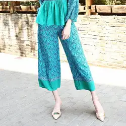 Vintacy для женщин брюки для девочек Boho печати синий пляж с эластичной резинкой на поясе и на штанах модные каникулы лоскутное цветочный