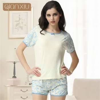 

Qianxiu Sweet Lady Summer Suit White Tees + Shorts Fashion National Wind Printed Style Lady Cotton Suit Onesie Sleep & Lounge