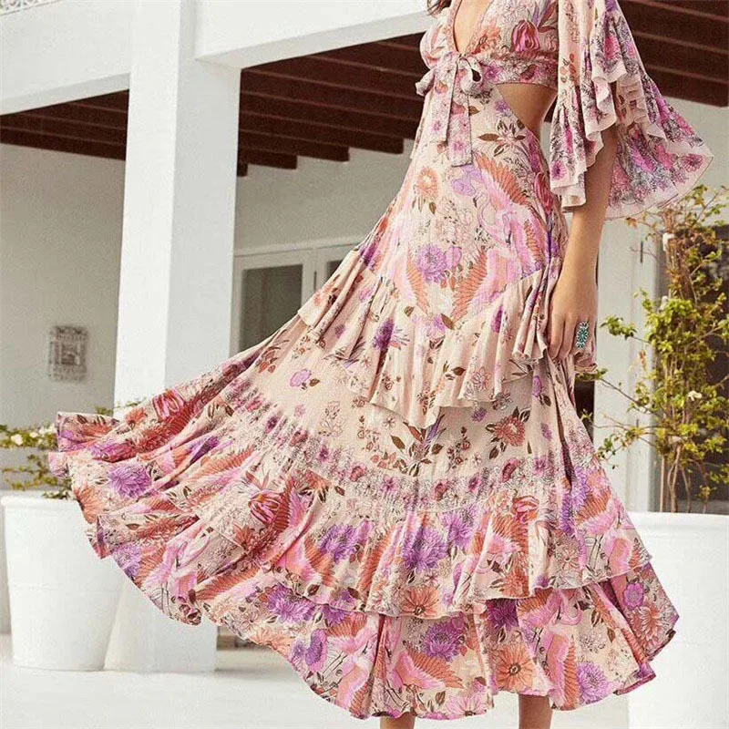 Дизайнер подиума с расклешенными рукавами цветочный принт глубокий v-образный вырез на талии Сексуальное Женское Макси платье праздничное длинное платье Vestidos