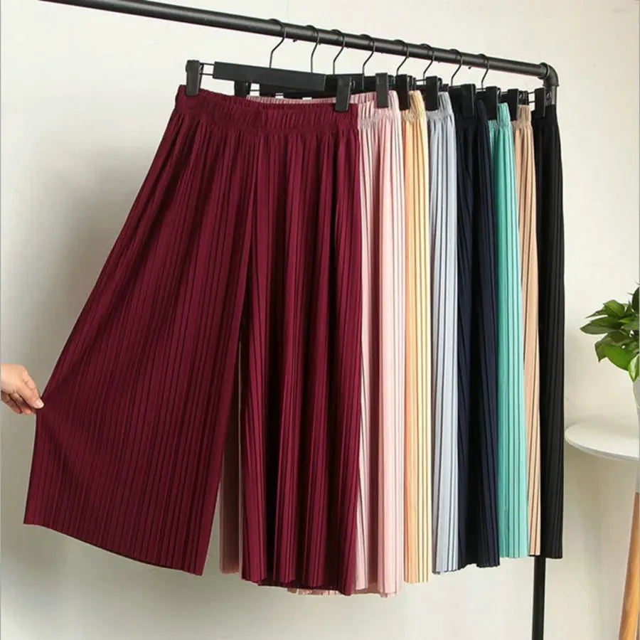 

New Fashion Women Wide Leg Pants Summer Elastic Waist Trousers Female Casual Loose Solid Color Pant