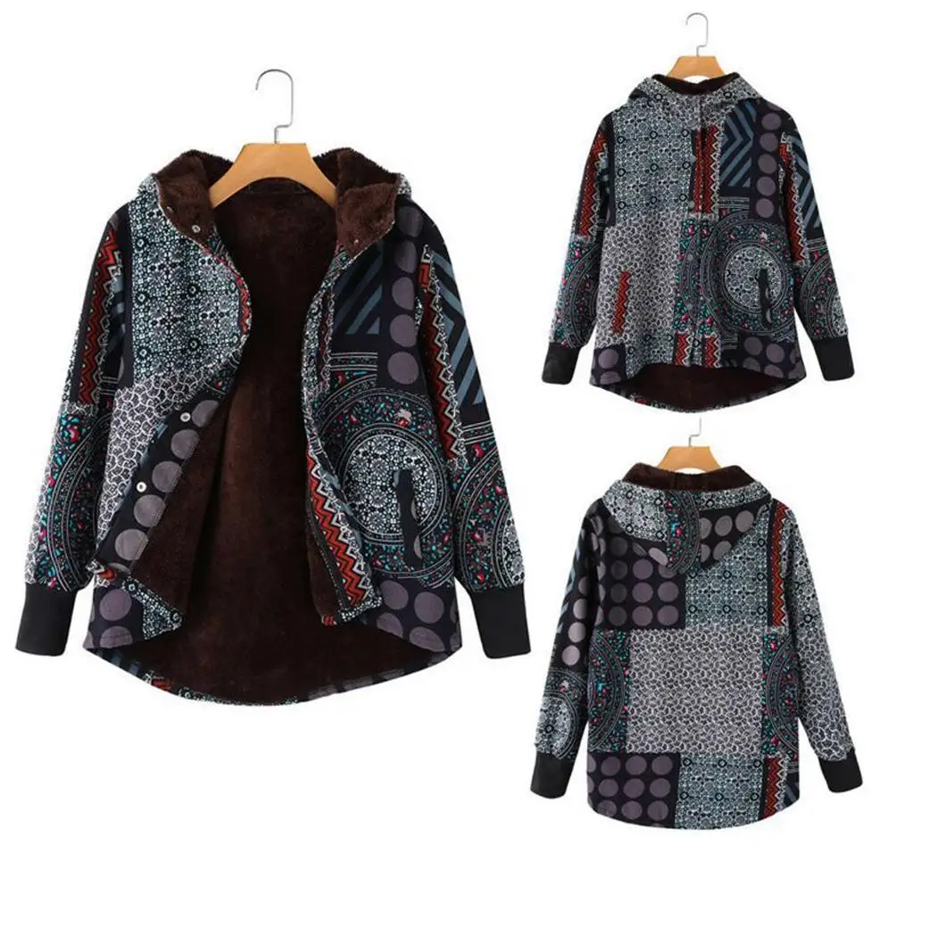 Women Casual Cotton Coat Printing Thicken Plus Velvet Lining Warm Jacket Fall and Winter Loose 