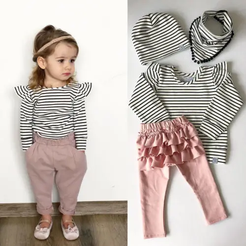 

US 2Pcs Newborn Kid Baby Girl Cotton Ruffle Striped Long Pants Outfit Clothes