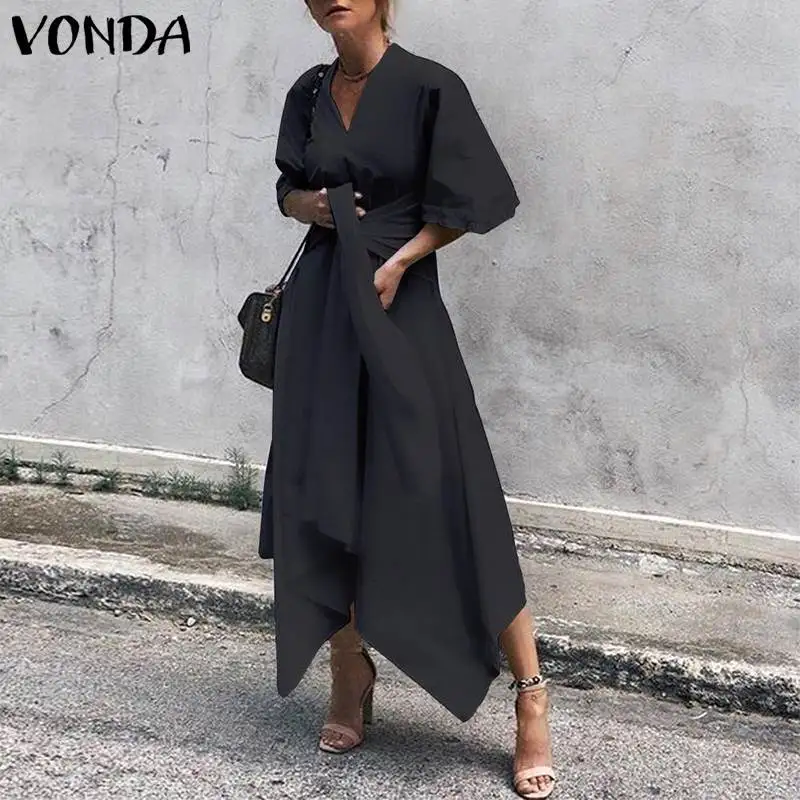 

VONDA 2019 Summer Dress Vintage Party Long Maxi Dress Women Short Sleeve Sexy V Neck Asymmetrical High Waist Vestidos Plus Size