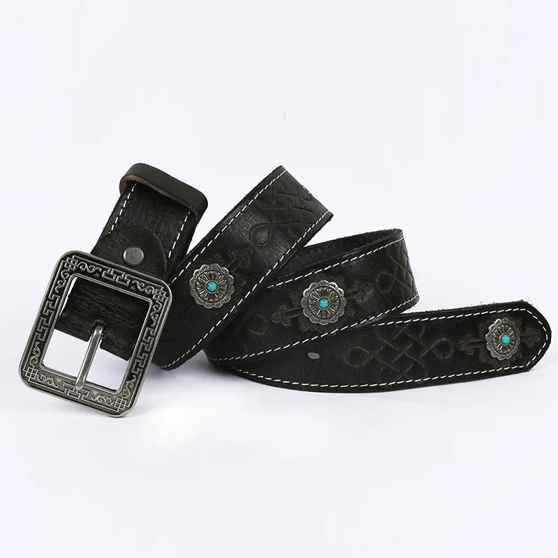 

Women Retro Ethnic Style Genuine Leathers belt Pin Buckle Cow Leather Belt Sculpture Alloy Embossing Dance Belt Inlaid Gemstone