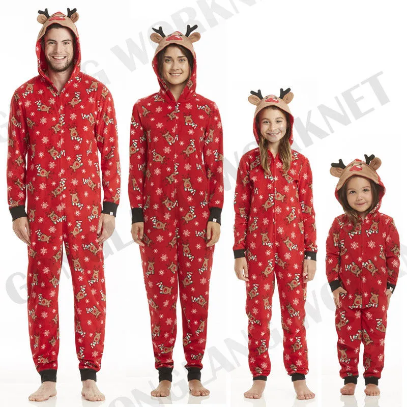 Xmas Pjs Family Matching Adult Women Kids Christmas Nightwear Pyjamas Pajamas Cute Sleepwear Deer Nightwear Zip Hooded Jumpsuit Matching Family Outfits Aliexpress