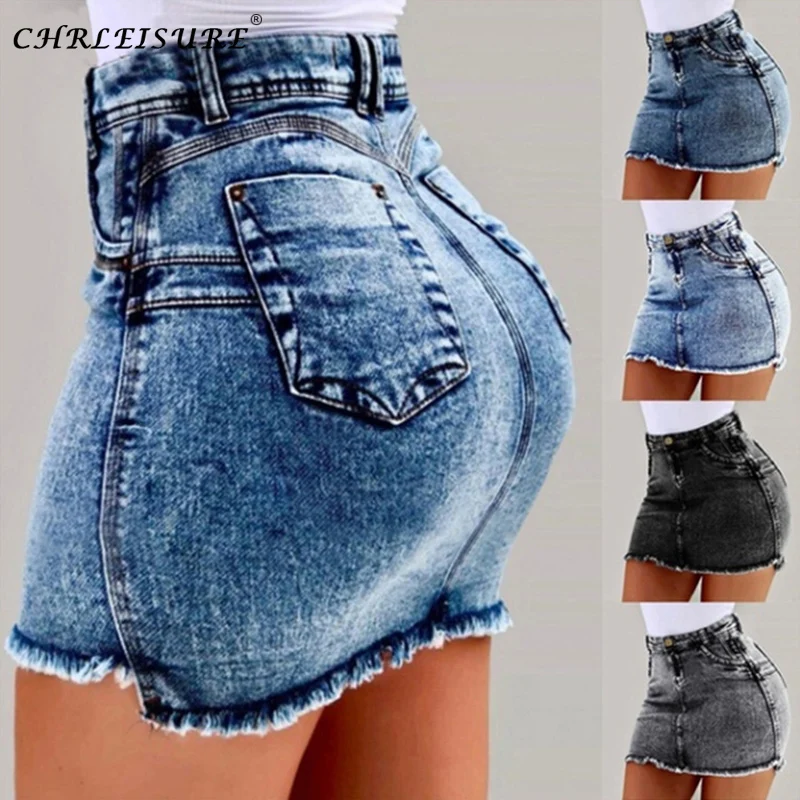 

CHRLEISURE Summer Denim Skirt For Women Fahion Pocket High Waist Women Femme Skirt Black Ladie Skirts 4Color