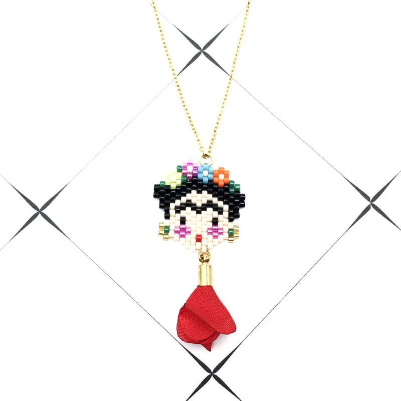

Fashion Frida Necklace Women Handmade Miyuki Glass Bead Cute Girl Gold Chain Choker Flower Tassel Pendant Colliers Necklaces