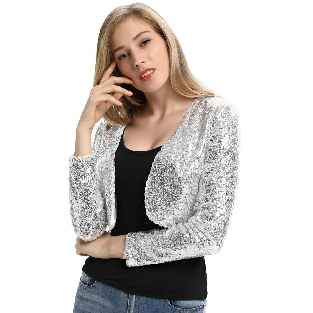 

BP new Sequins Women cardigan tops elegant solid Shining Long Sleeve Cropped Length Open Front Bolero Shrug for wedding party
