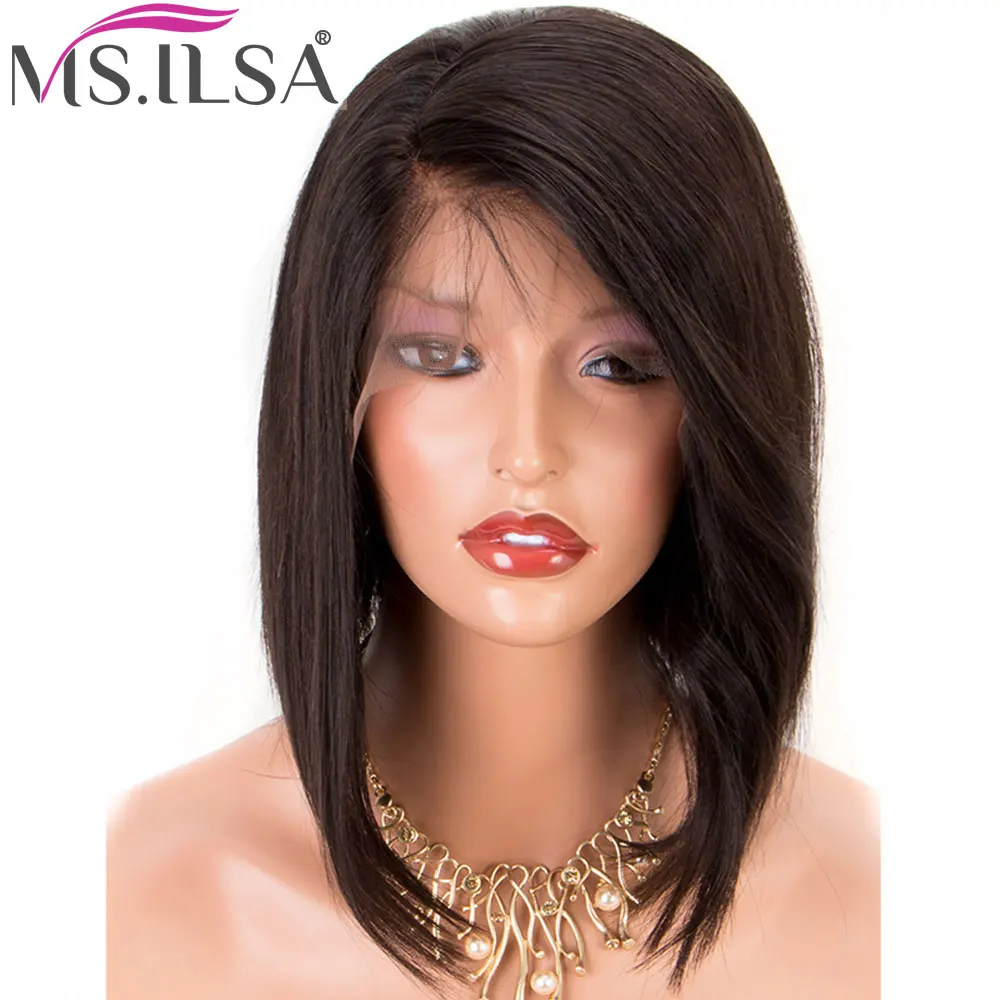 

Short Bob Wig Remy Brazilian Wig Human Hair Wigs with Baby Hair 130 Density Natural Color 3Inch Lace Front Wig for Women MS.ILSA