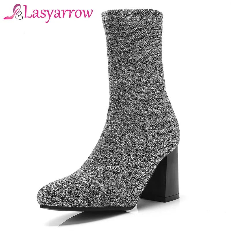 

Lasyarrow Elastic Sock Boots Block High Heels Fashion Stretch Soft Autumn Winter Ankle Boots For Women Gold Silver Plus Size 48