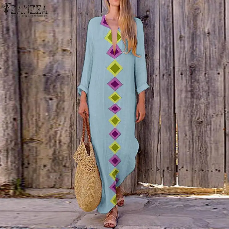 

2019 Summer Dress Women Vintage Bohemian Sundress ZANZEA Womens Printed V Neck Sarafans Vestidos Kafatn Long Robe Femme Oversize