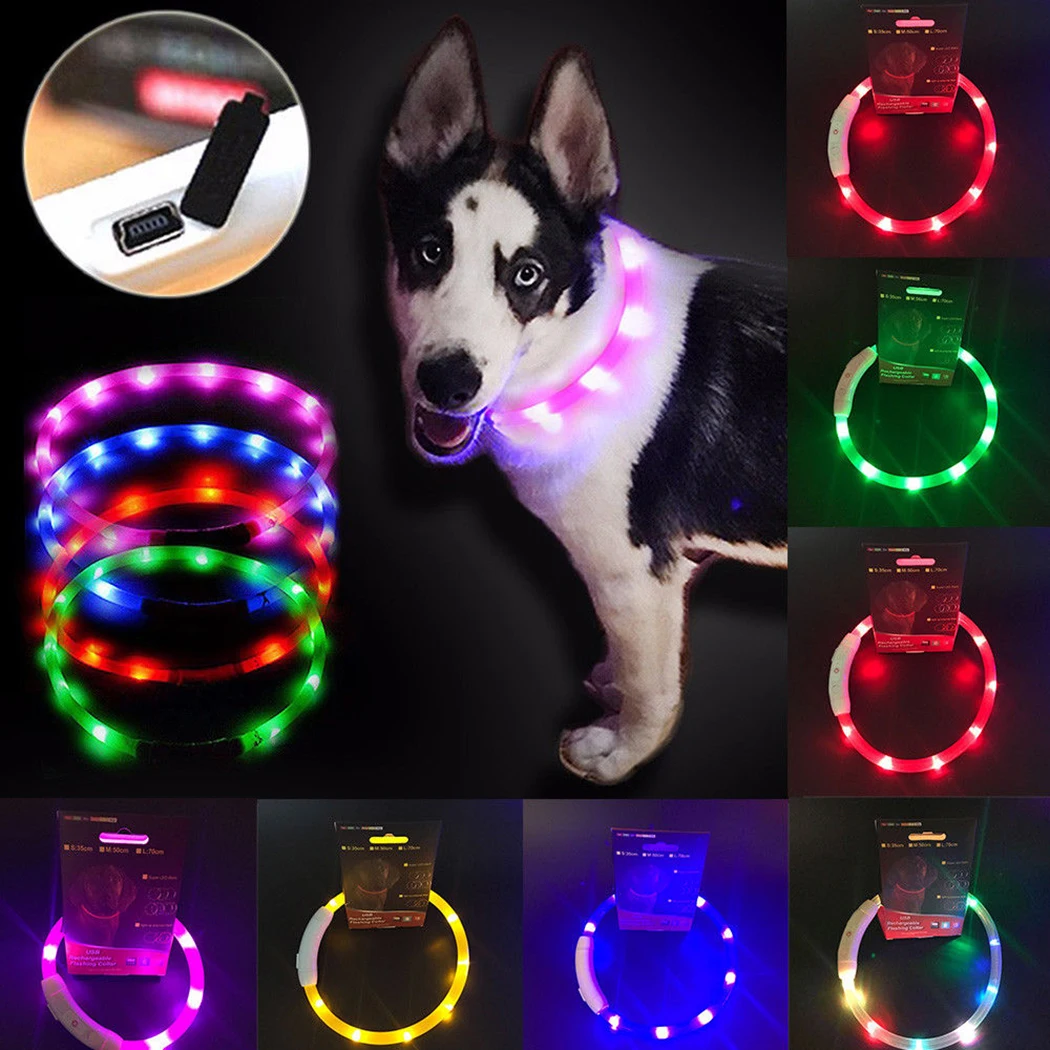 Practical Dog Collar Led Light Waterproof USB Rechargeable Pet Collar LED Flashing Glowing Light