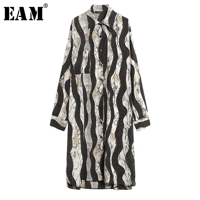 

[EAM] 2019 New Spring Lapel Long Sleeve Wave Pattern Printed Long Large Size Shirt Women Blouse Fashion Tide JK980
