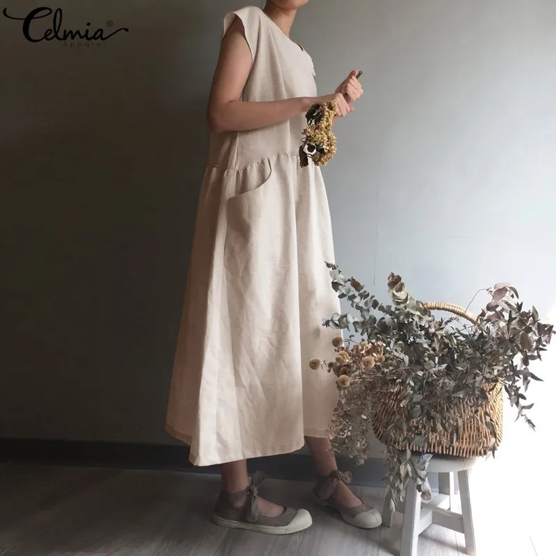 Celmia Women Vintage Linen Dress 2019 Summer Plus Size Sundress Ladies Short Sleeve Casual Loose Pl