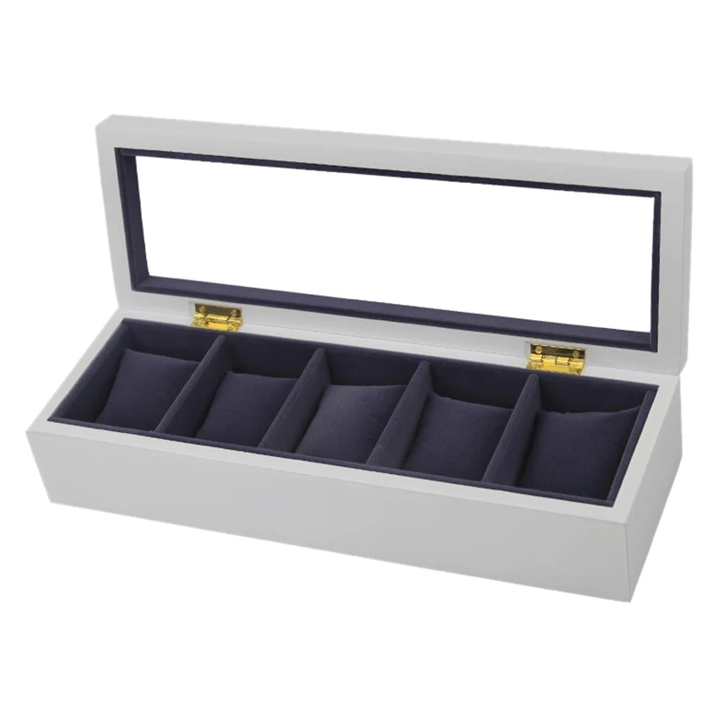 White Wooden 5 Slot Watch Box Black Flannel Small Pillow Pad Display Storage | Наручные часы