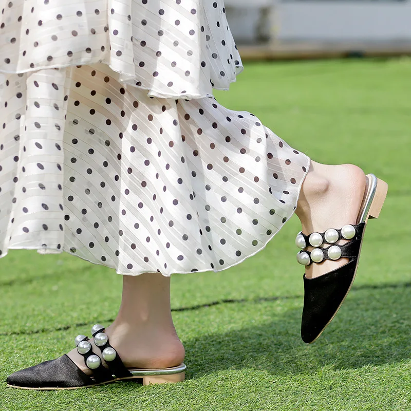 

2019 fashion String Bead Decoration Woman Slides Shoes For Outdoor Spring Summer Synthetic Material Flat with shoes Ladies