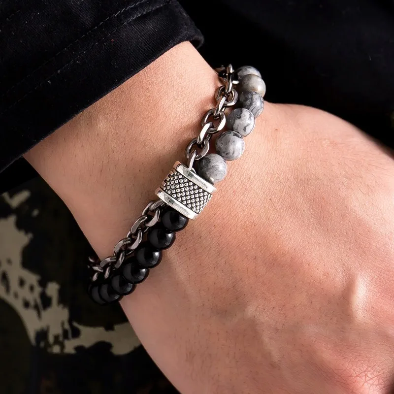

YUGYUJ Dropshipping Stainless Steel Bracelets Natural Map Stone Men Beaded Bracelet Male Jewelry Fashion Gifts For Men