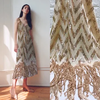 

BEAUTIFICAL gold sequin lace high quality sequin laces heavy sequined lace fabric with sequins tassel free shipping ML5N565