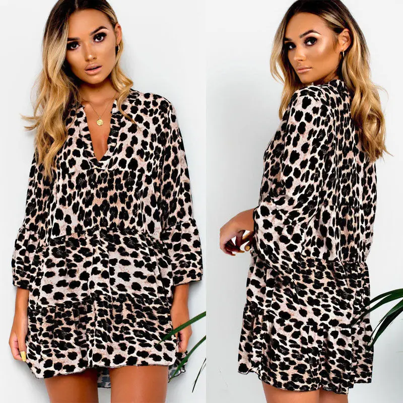 

Fashion Casual Loose Women Lady Leopard Print Long Sleeve V Neck Cocktail Clubwear Mini Dress Pullover Clothes