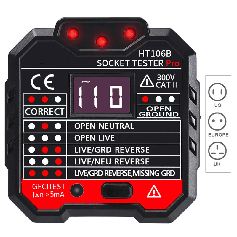 

HT106B Socket Outlet Tester Circuit Polarity Voltage Detector Wall Plug Breaker Finder RCD Test Socket Outlet Tester