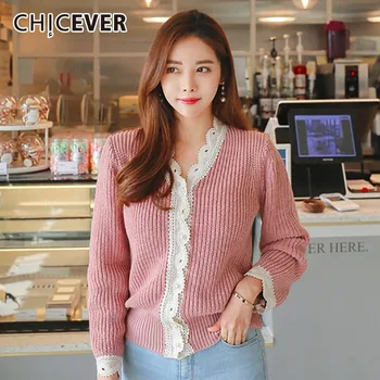 

CHICEVER Knitted Pullovers Female Sweater For Women Top Patchwork Lace Side Puff Sleeve Spring Tops Jumper Clothes Fashion New
