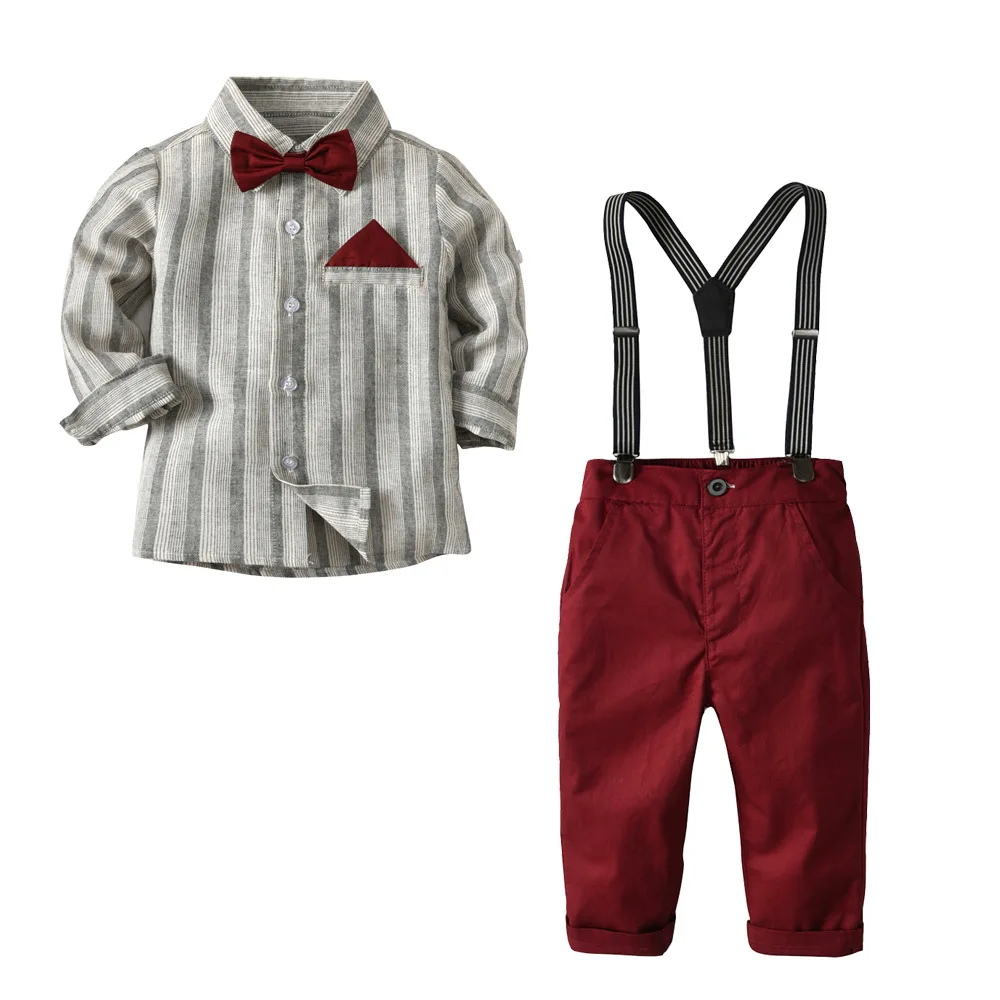 

Autumn Boys Long Sleeve Cotton Bow Striped Shirts Red Trousers Set Fashion Kids Casual Clothes Gentleman Party Wear 2019 Spring