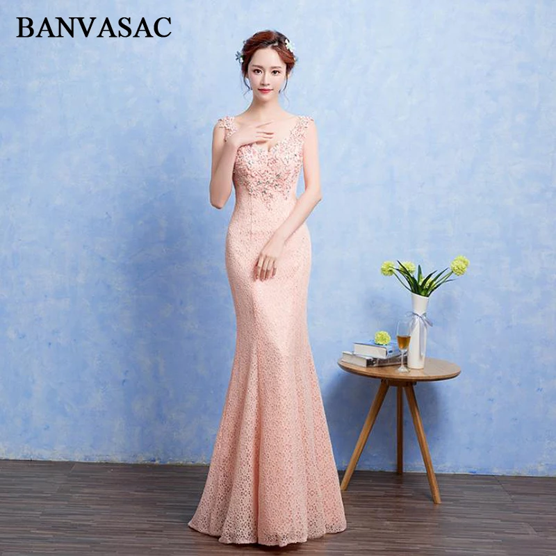 

BANVASAC Sexy Crystal Deep V Neck Lace Appliques Mermaid Long Evening Dresses Party Beading Backless Prom Gowns