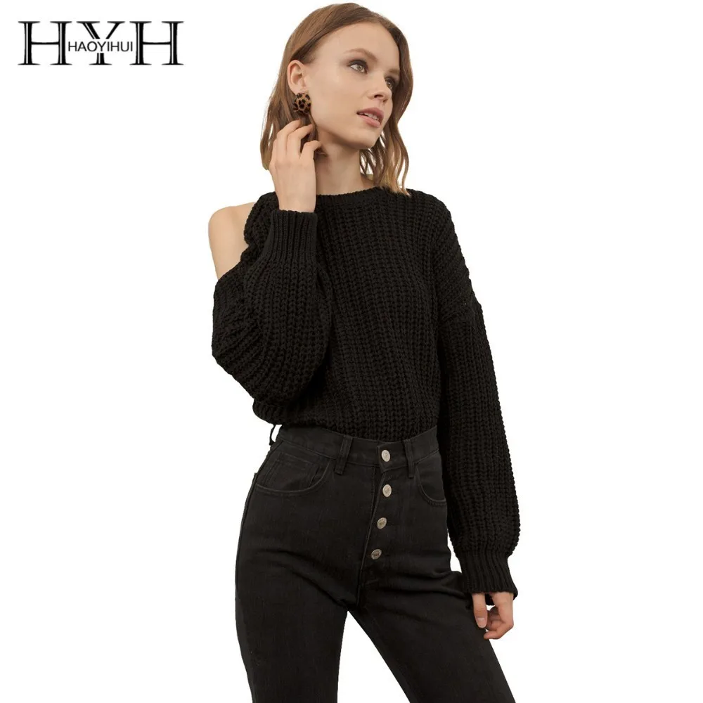 

HYH HAOYIHUI Simplicity Pure Black Color Exposed Shoulder O-neck Lantern Long Sleeves Easy Sweater New Arrival