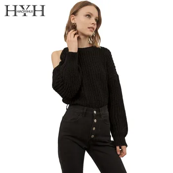 

HYH HAOYIHUI Simplicity Pure Black Color Exposed Shoulder O-neck Lantern Long Sleeves Easy Sweater New Arrival