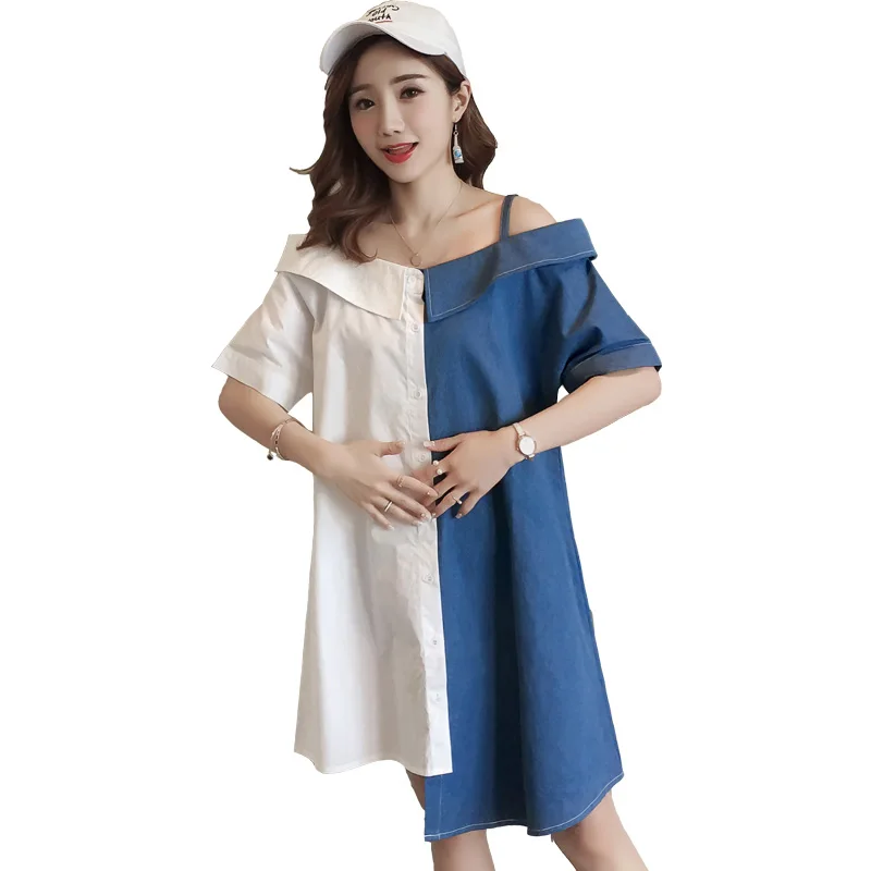 

Irregular cotton patchwork denim dress 2019 pregnant women fashion denim dress slash neck short sleeve casual maternity dresses