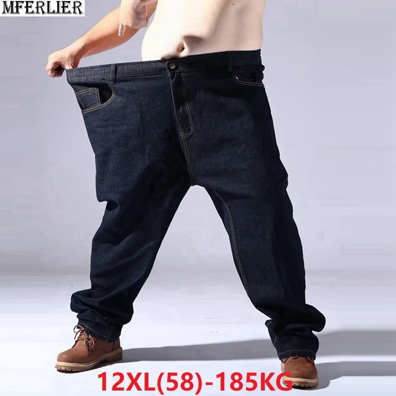 Мужские джинсы большого размера 9XL 10XL 11XL 12XL осенние брюки эластичные прямые джинсы 50 54 56 58 стрейч черного размера плюс