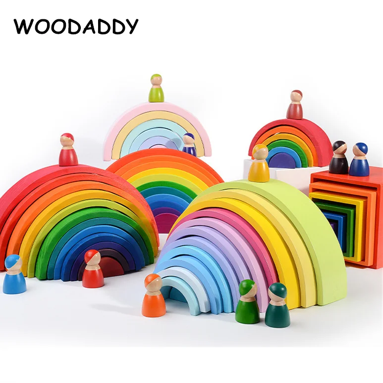 

WOODADDY Rainbow Blocks Series 12Pcs Large Rainbow Top Montessori Educational Wooden Toys For Kids Pegdolls Shape Kit Cover Box