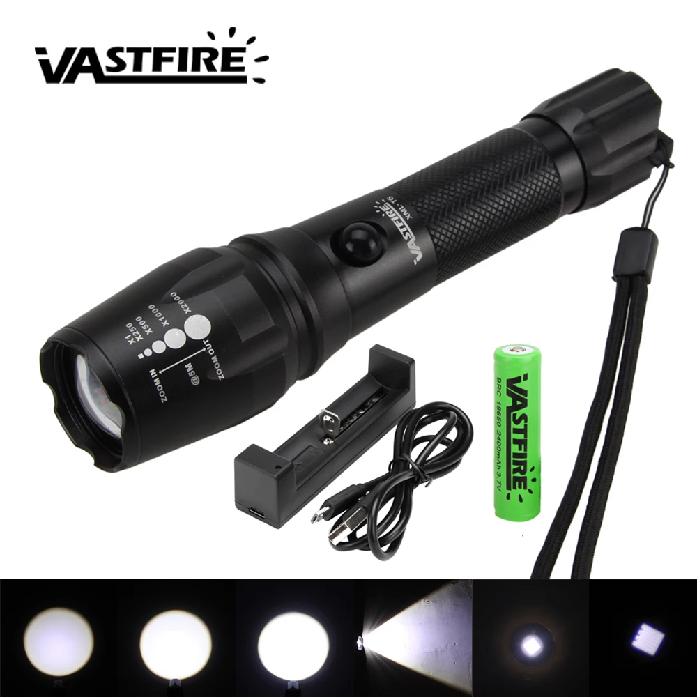 

Super Brightness 5000LM XM-L T6 LED Tactical Flashlight Zoomable 5 Modes Linterna light Powerful Torch+18650 Battery+USB Charger
