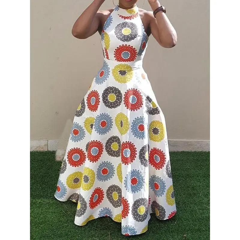 

Prom Backless Long Dress Women Halter Sexy Evening Color Floral Print Elegant Robe Stylish Pockets Summer Big Swing Maxi Dresses