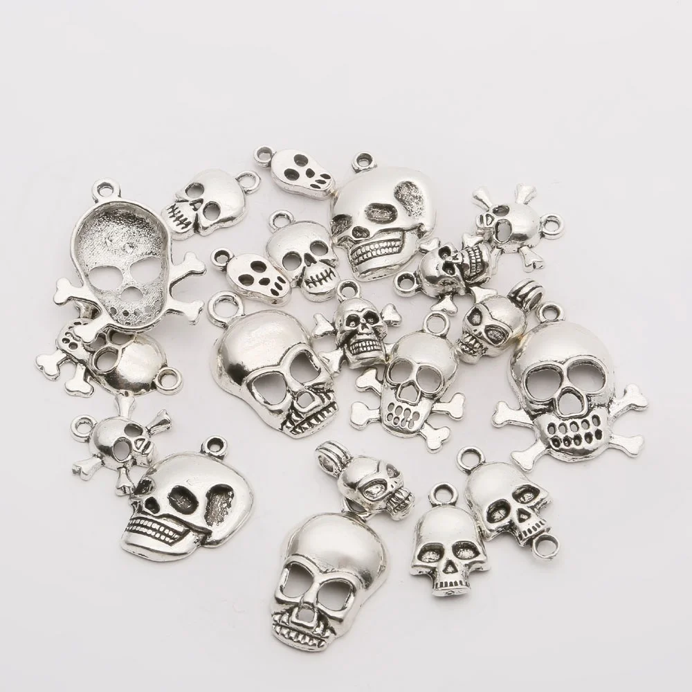 

Fashion Mixed Styles & Sizes Antique Silver Skull Pendant Charms Bead for Jewelry Making, 45g(About 40Pcs)