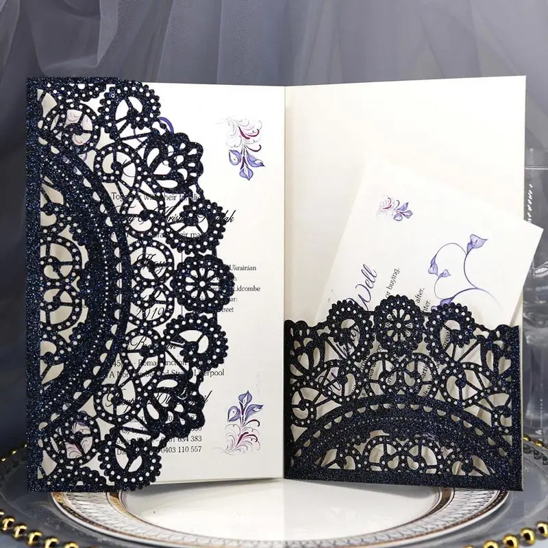  Hollow Invitation Card Letter Out Shell Lace Glitter Powder Invitation Letter 10 Pieces / Pack Wedd - 33006547864