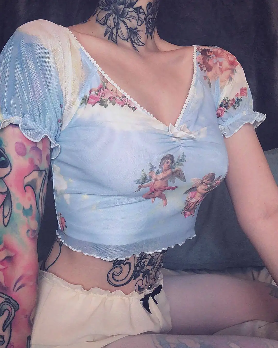 

2019 Summer Women Transparent Crop Tops Short Sleeve Angel Printing Tshirt Blue V-Neck Ruffles See Through Woman Sexy Top Shirt