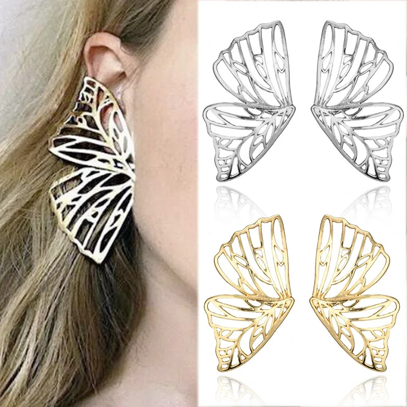 

Women Wedding Buterfly 1Pair Hollow Out Beautiful Valentines Gift Metal Large Wing Silver Golden Girls Drop Dangle Earring Gifts