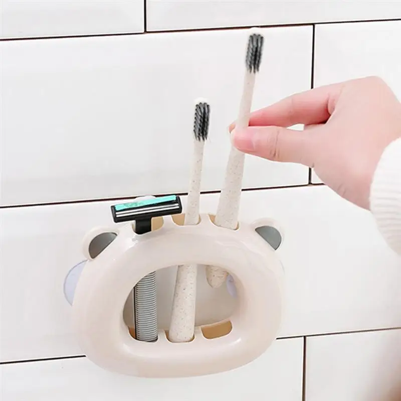 

Toothbrush Holder with Strong Suction Cups Wall Mounted Bear-shaped Bathroom Accessories (Beige)