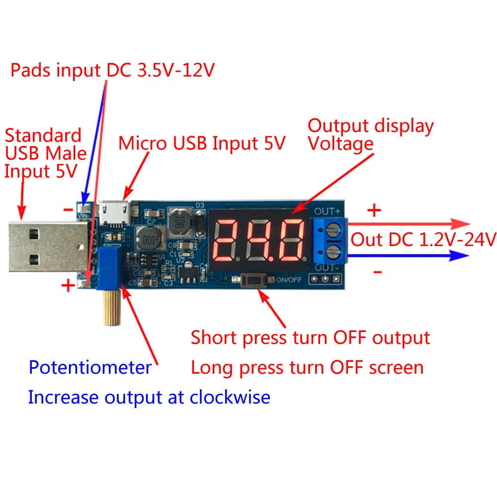 DC-DC 5V до 3,5 V/12 V USB Шаг вверх/вниз Питание Модуль Регулируемый повышающий преобразователя постоянного тока Выход постоянного тока 1,2 V-24 V