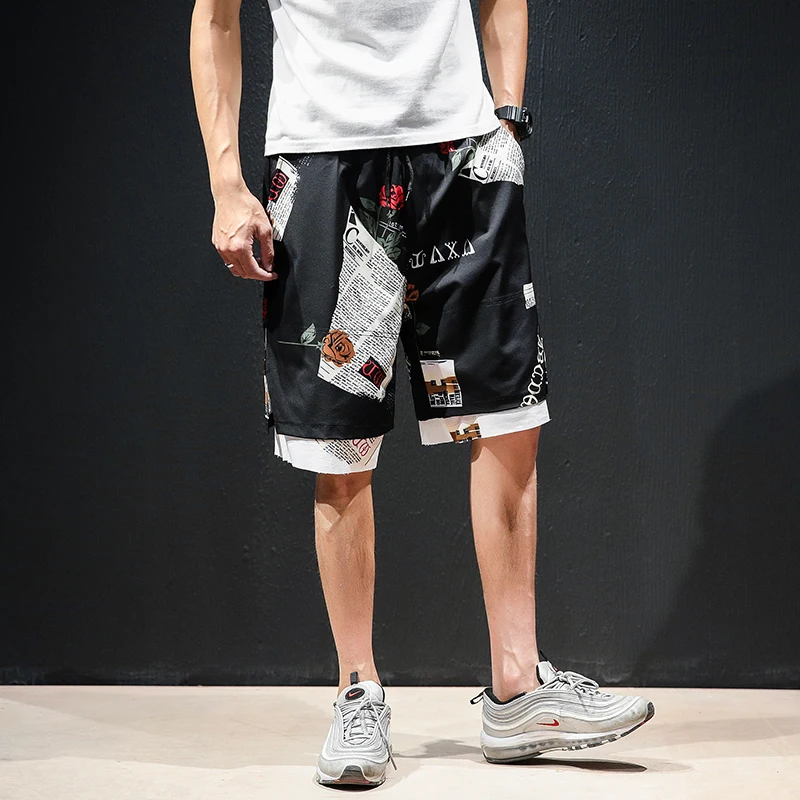 

2019 Summer Wear Japanese Fashion Tide Shivering Split Joint False Two Paper Man Fivepence Shorts men