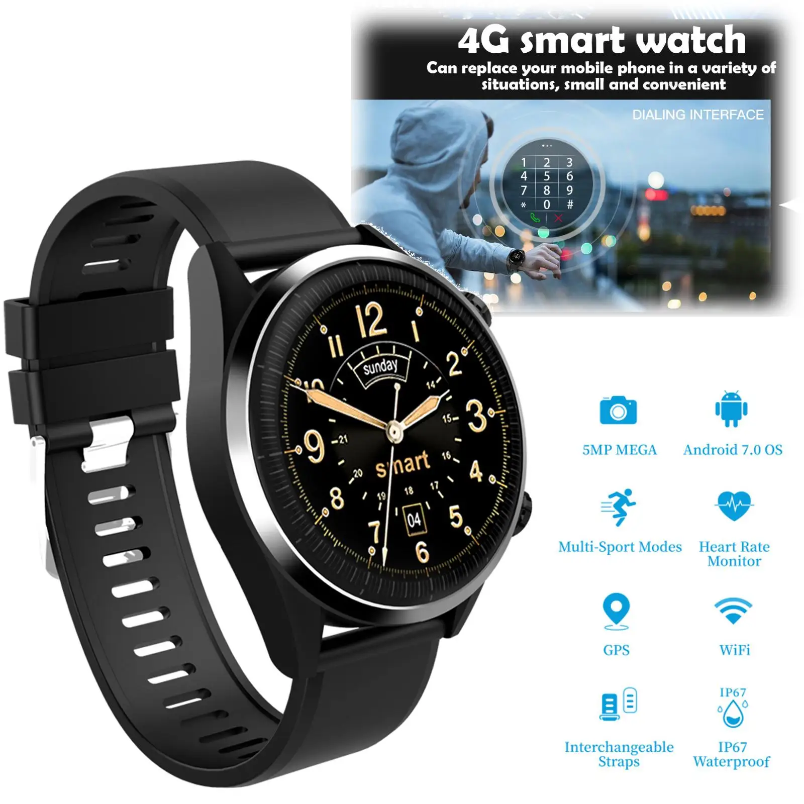 

Wifi Bluetooth Smart Watch 4G Cell Phone Android 7.1 Quad Core GPS Wristwatch 8MP Camera 16GB Heart Rate Monitor Video Calls