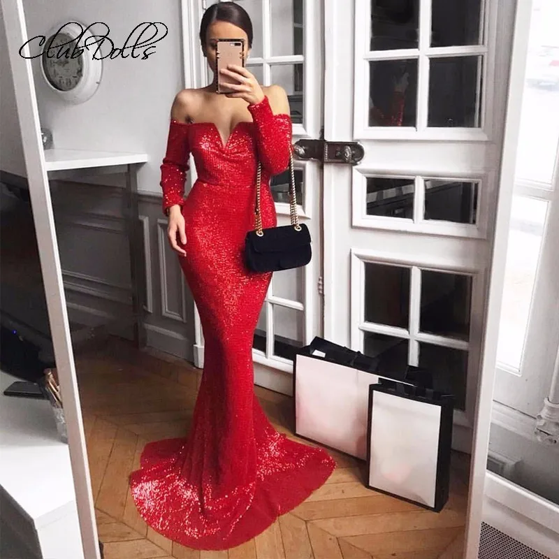 

Bodycon Maxi Dress Sequined Prom Dress Vsetidos V Neck Off The Shoulder Backless Floor Length Evening Party Women Dresses