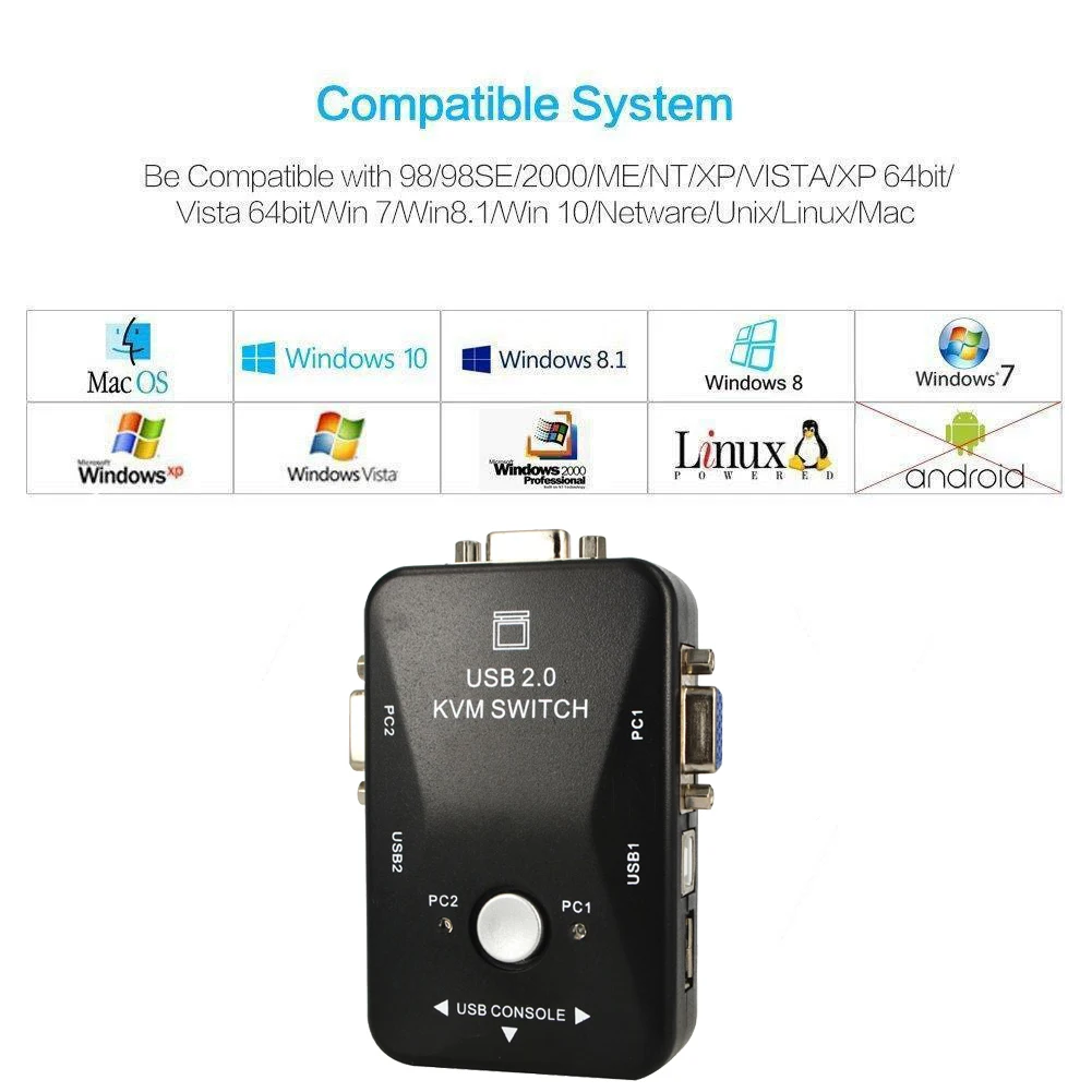USB KVM переключатель Kebidumei с 2 портами VGA SVGA Box 0 для мыши клавиатуры 1920*1440 адаптер