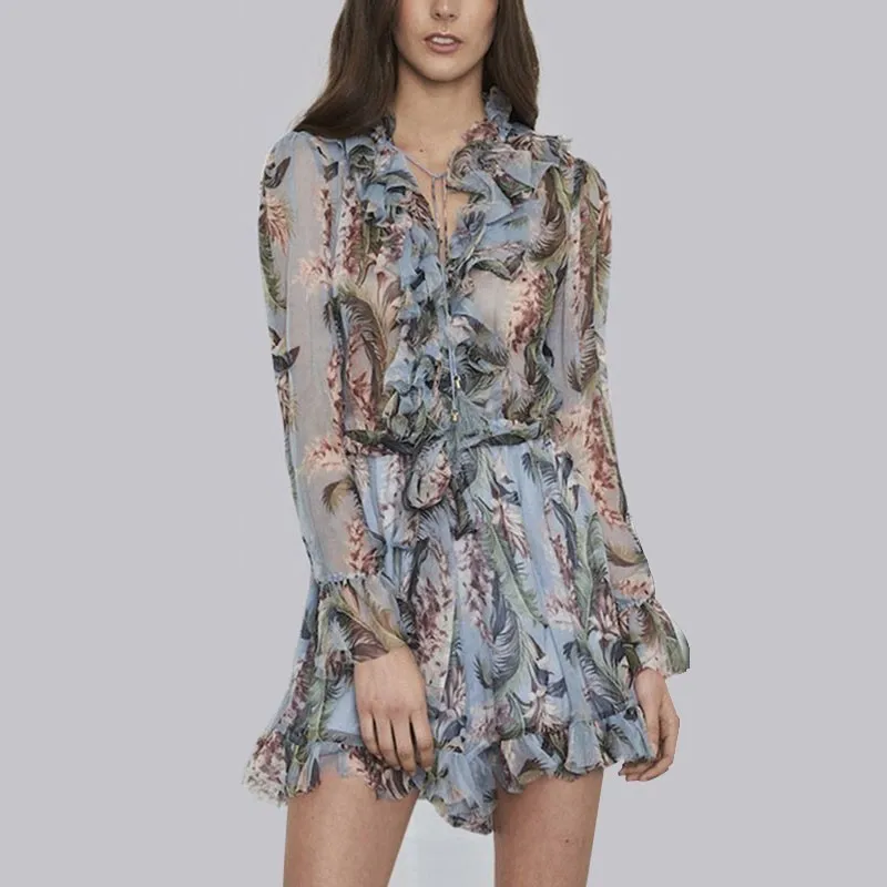 

[MENKAY] Print Playsuits Female Lace Up V Neck Flare Sleeve Tunic High Waist Ruffles Mini Jumpsuits 2018 Summer Thin Sweet