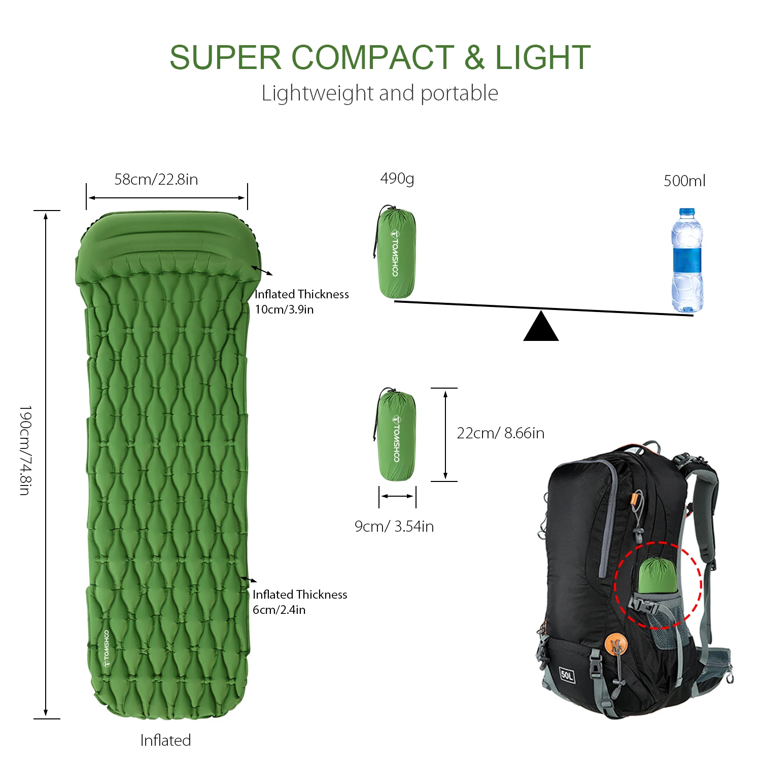 TOMSHOO خفيفة في الهواء الطلق نفخ وسادة النوم التخييم حصيرة وسادة النوم فراش للتخييم التنزه الظهر السفر