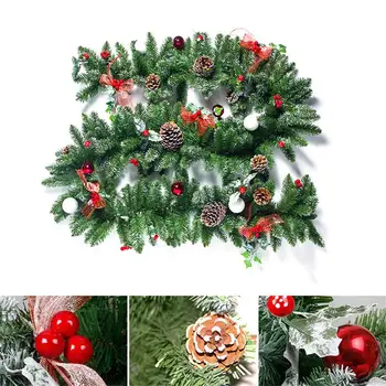 

(UK Ship) 270cm Christmas garland green Christmas rattan with bows LED lights Xmas decoration supplies New Year Natal Ornaments