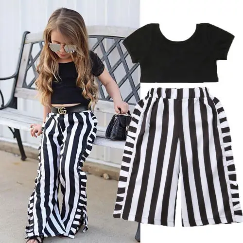 

Emmababy Toddler Kids Baby Girls T-shirt Tops+ Flare Striped Pants Summer Casual Outfit Clothes 2PCS Set